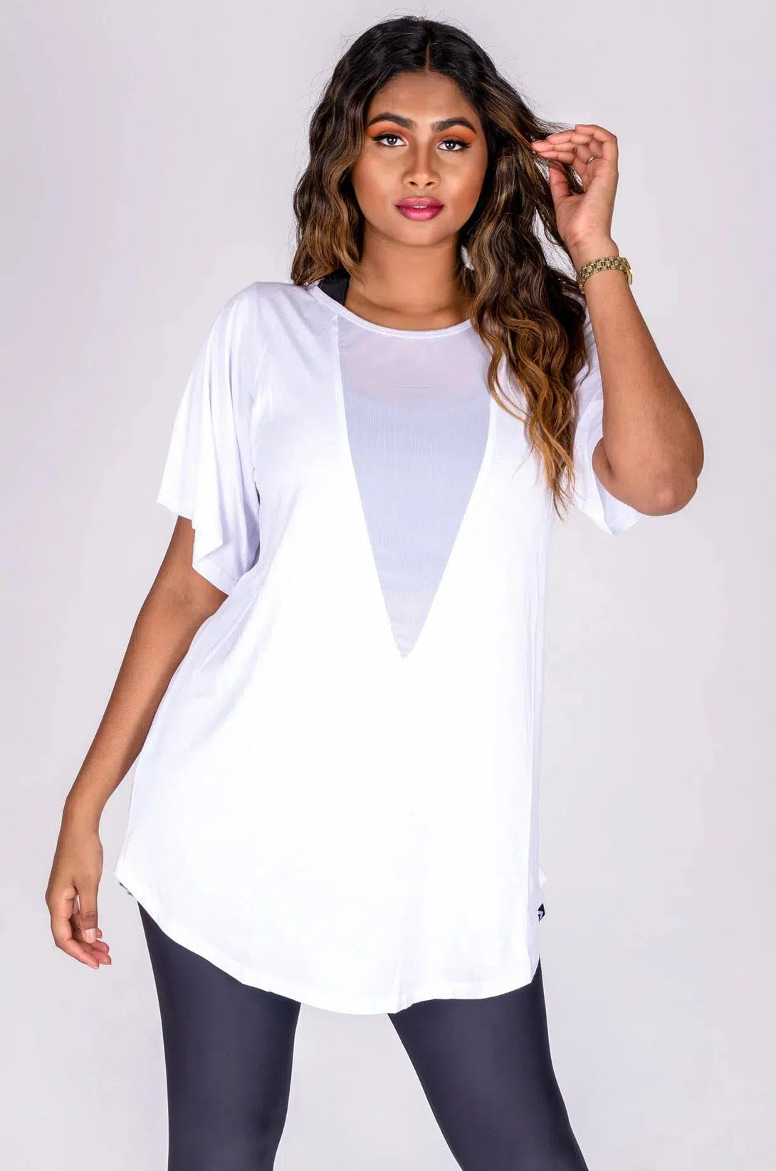 Slinky To Touch Net V Front Boyfriend Tee - White-Activewear-Exoticathletica