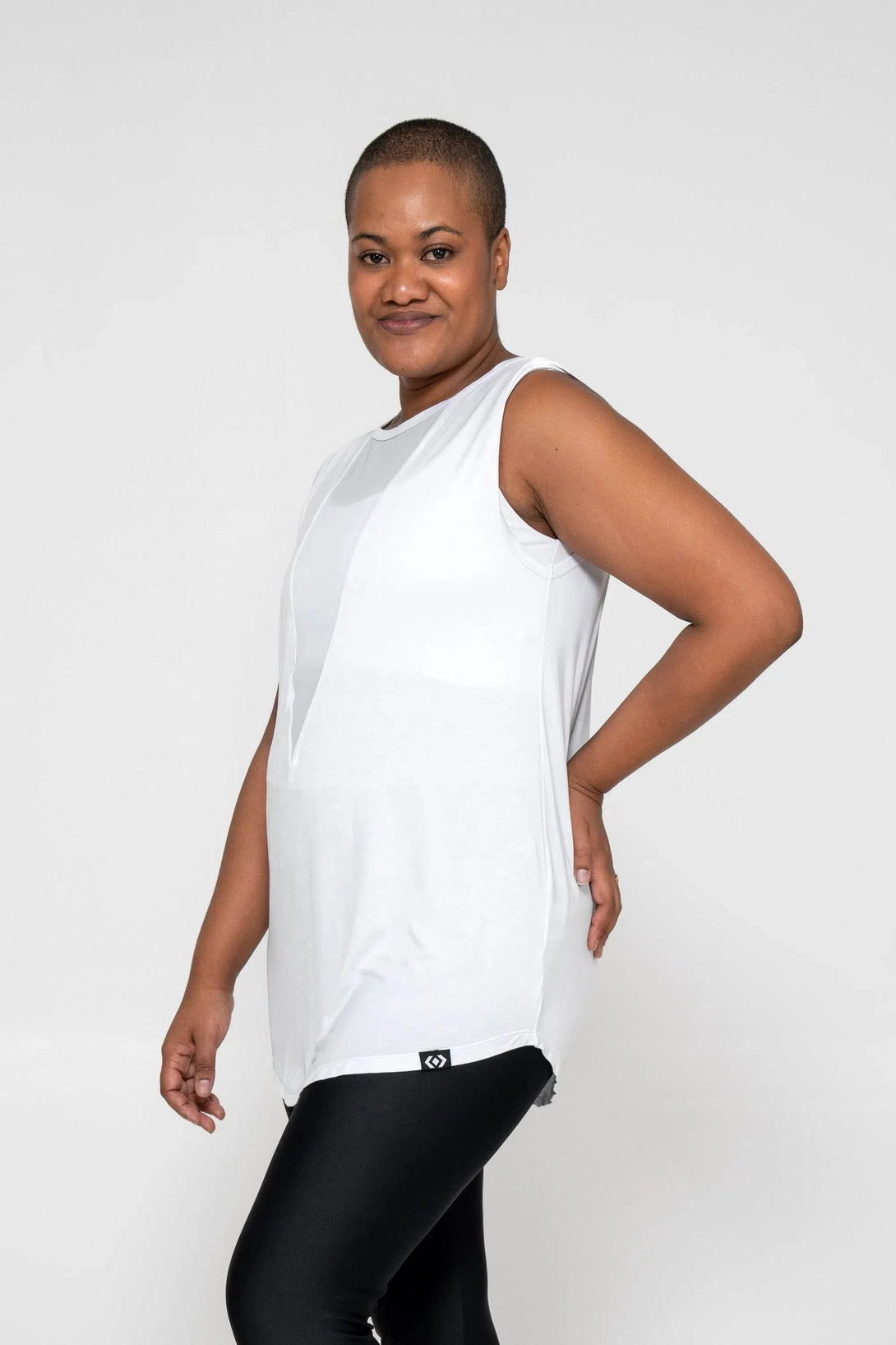 Slinky To Touch Net V Front Sleeveless Boyfriend Tee - White-Activewear-Exoticathletica