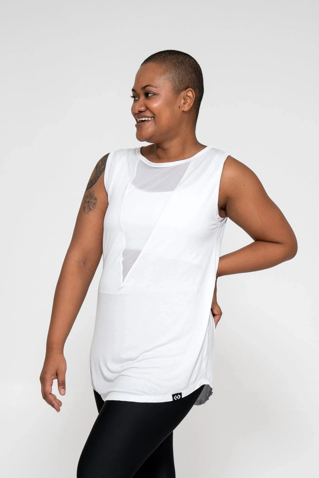 Slinky To Touch Net V Front Sleeveless Boyfriend Tee - White-Activewear-Exoticathletica