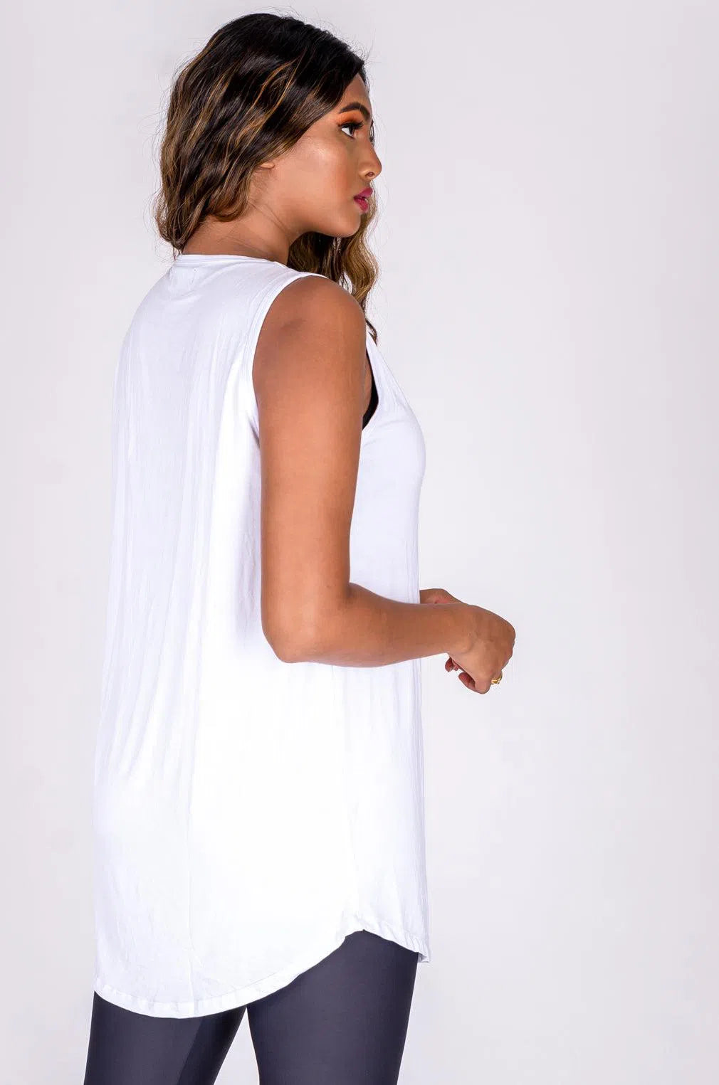 Slinky To Touch Net V Front Sleeveless Boyfriend Tee - White-Activewear-Exoticathletica