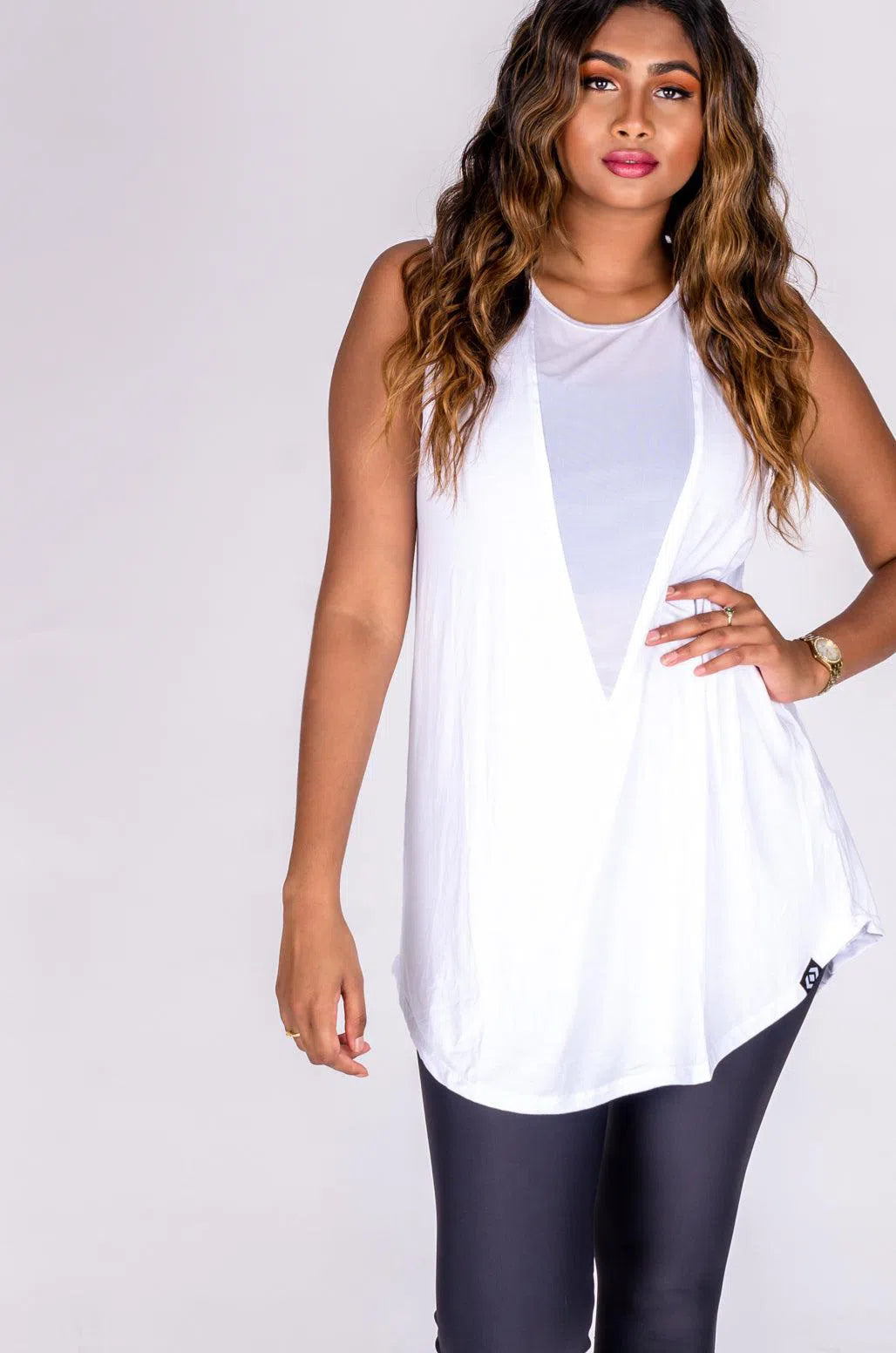 Slinky To Touch Net V Front Sleeveless Boyfriend Tee - White-Activewear-Exoticathletica