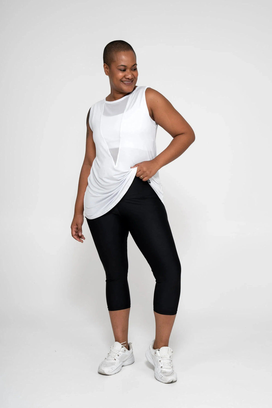 Slinky To Touch Net V Front Sleeveless Boyfriend Tee - White-Activewear-Exoticathletica