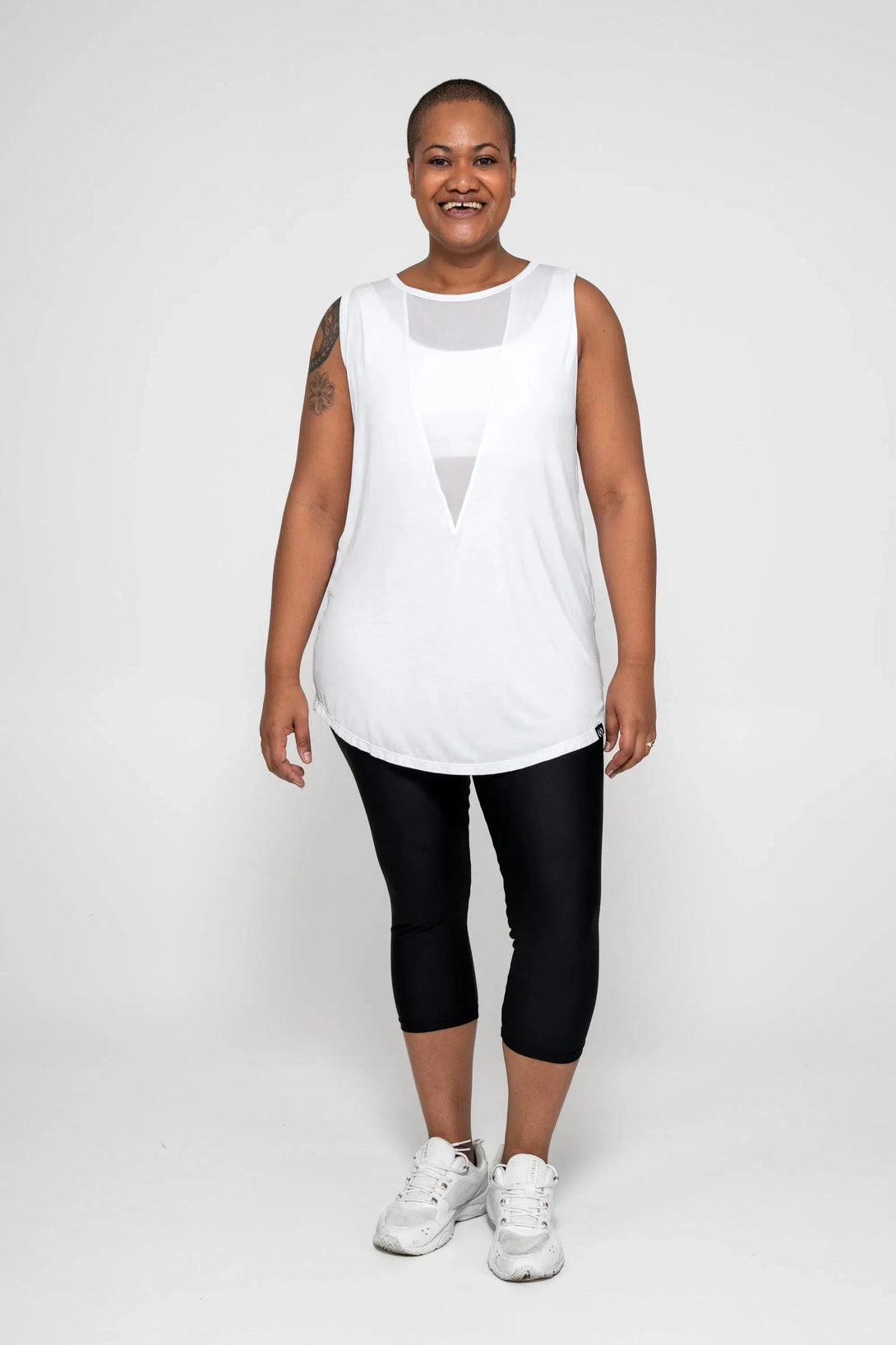 Slinky To Touch Net V Front Sleeveless Boyfriend Tee - White-Activewear-Exoticathletica