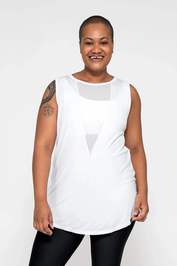 Slinky To Touch Net V Front Sleeveless Boyfriend Tee - White-Activewear-Exoticathletica