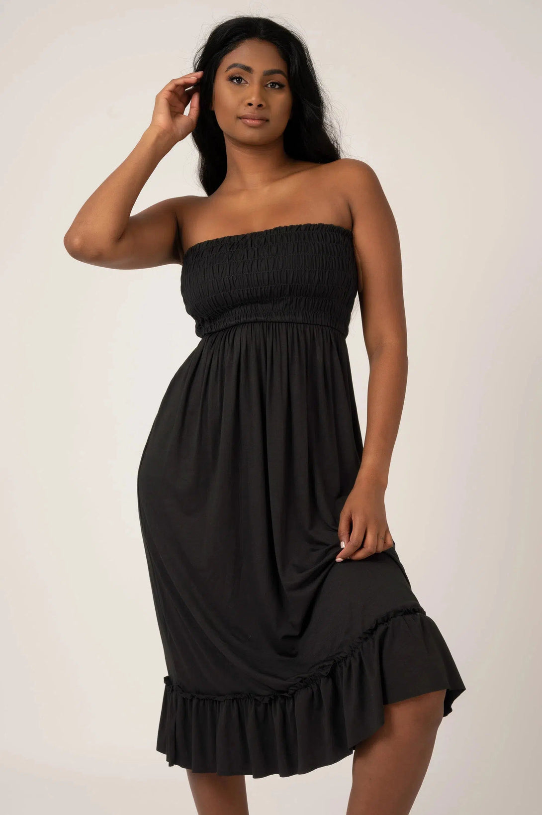 Slinky To Touch Shirred Bandeau Midi Dress - Black-Activewear-Exoticathletica