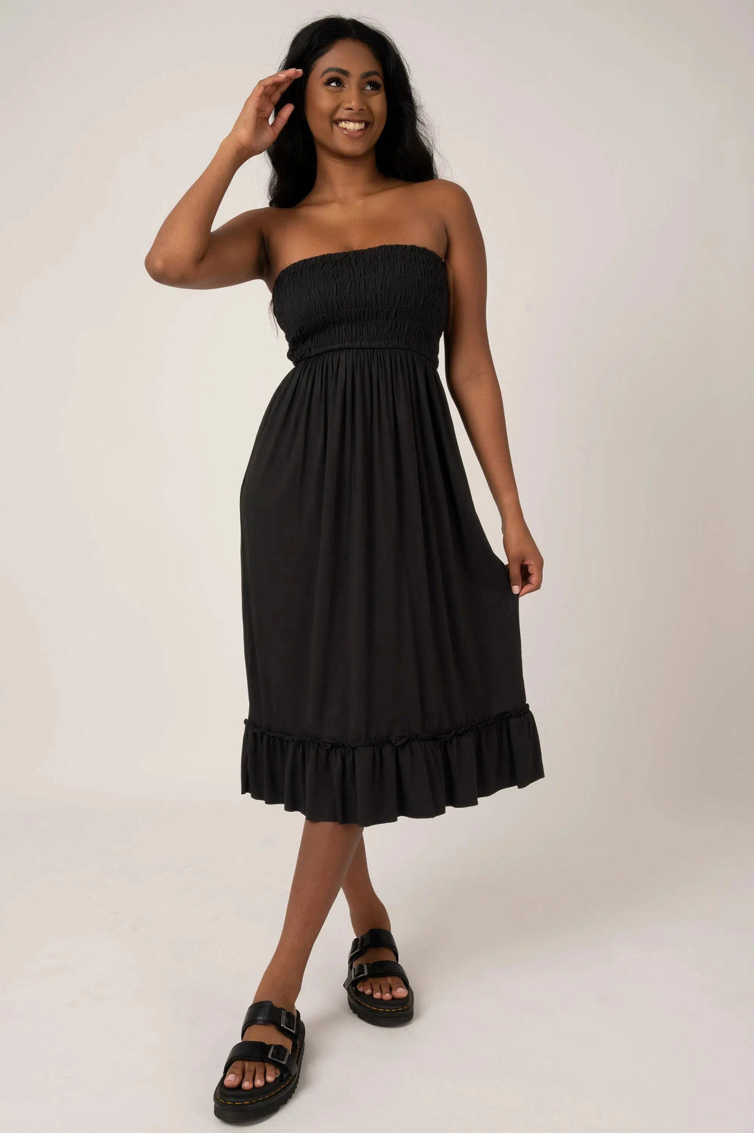 Slinky To Touch Shirred Bandeau Midi Dress - Black-Activewear-Exoticathletica