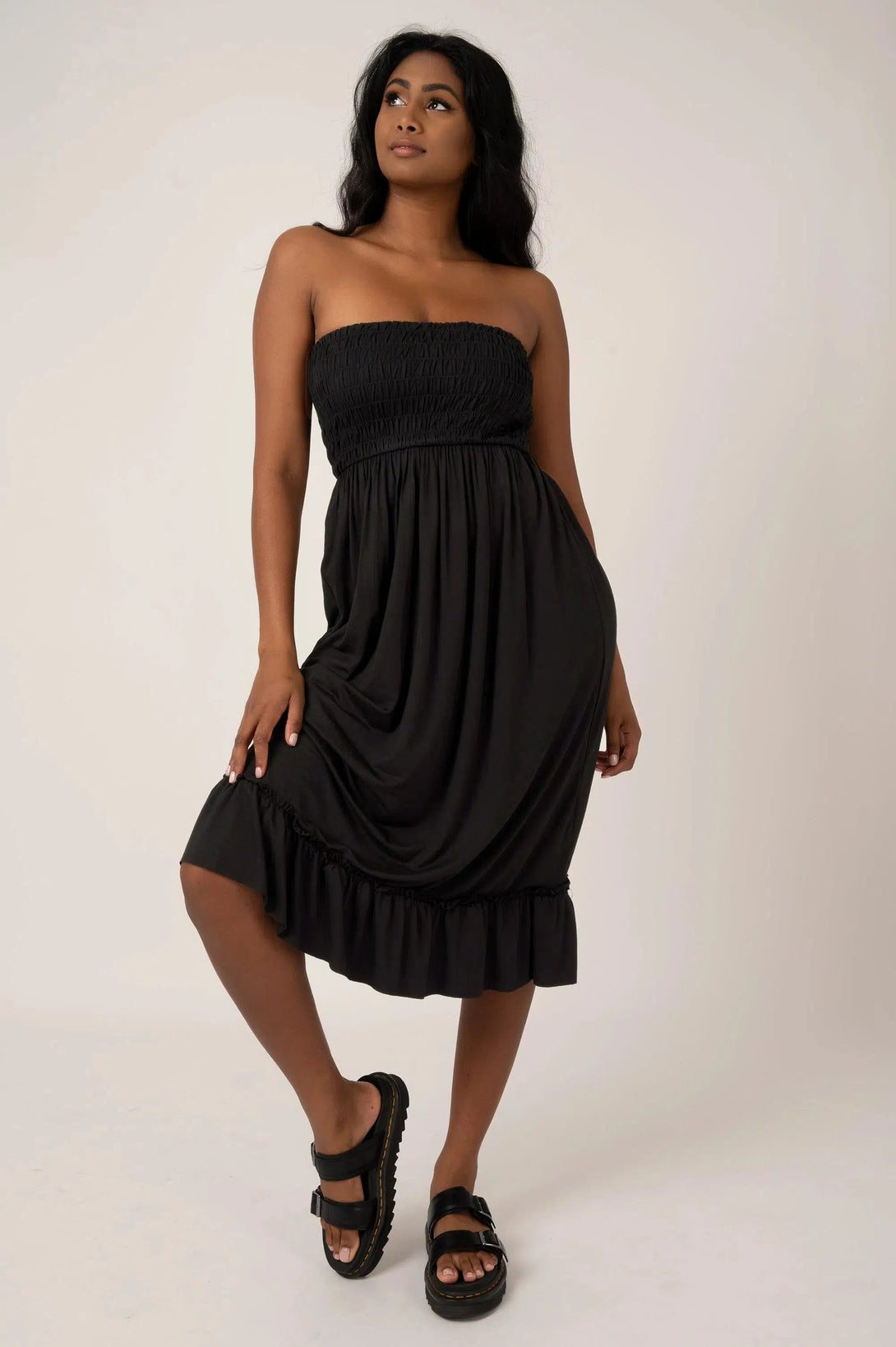 Slinky To Touch Shirred Bandeau Midi Dress - Black-Activewear-Exoticathletica