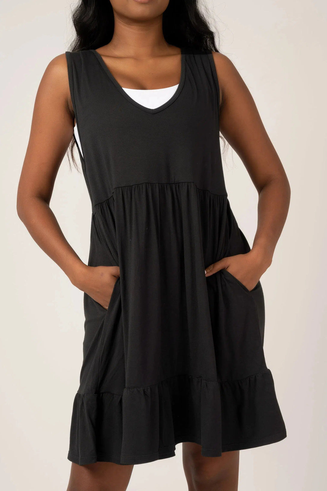 Slinky To Touch Sleeveless Baby Doll Tiered V Neck Mini Dress - Black-Activewear-Exoticathletica