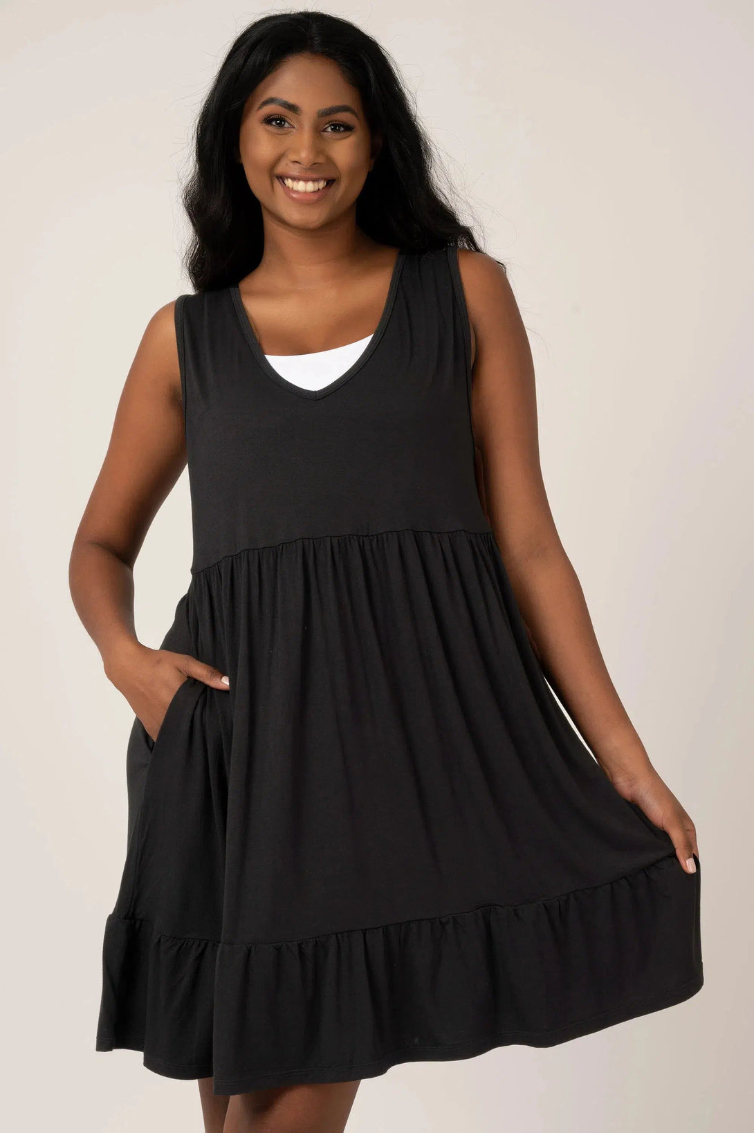 Slinky To Touch Sleeveless Baby Doll Tiered V Neck Mini Dress - Black-Activewear-Exoticathletica