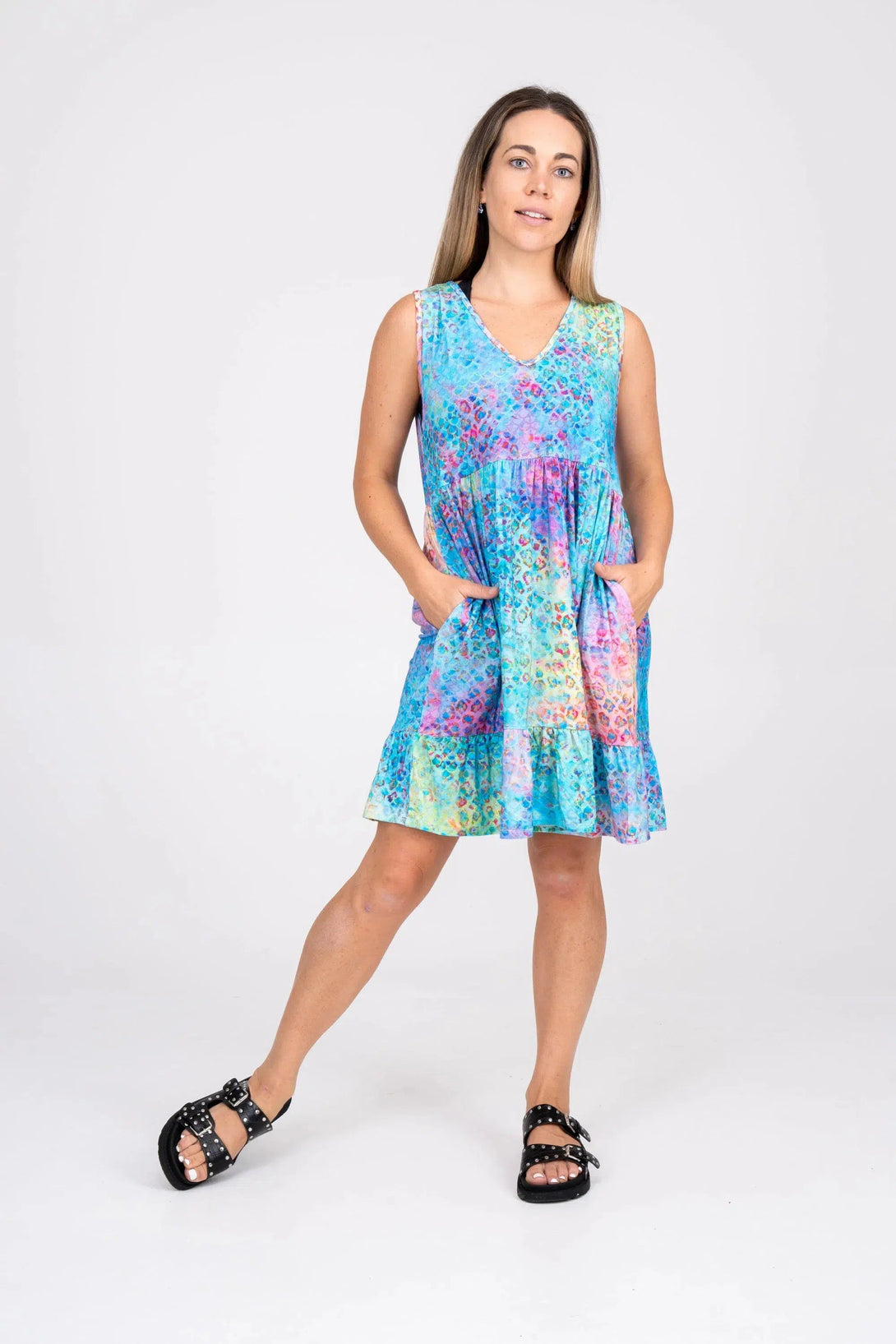 Slinky To Touch Sleeveless Baby Doll Tiered V Neck Mini Dress - Mermaid Jag-Activewear-Exoticathletica