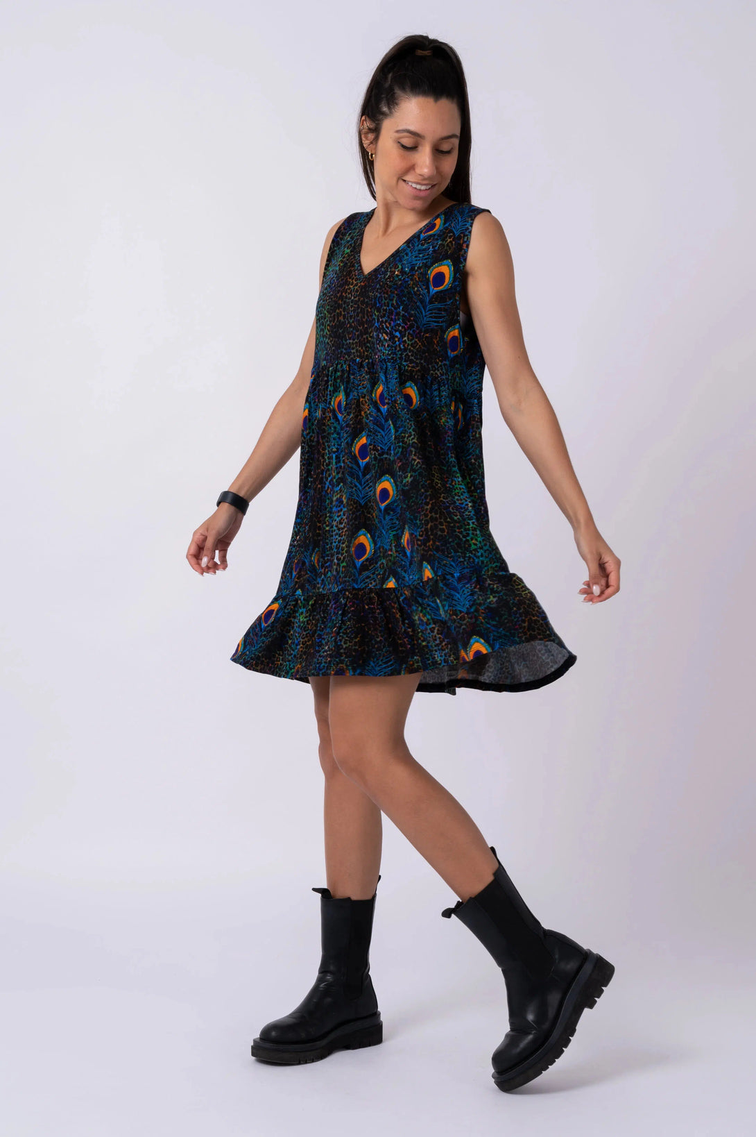 Slinky To Touch Sleeveless Baby Doll Tiered V Neck Mini Dress - Rock Around The Peacock-Activewear-Exoticathletica