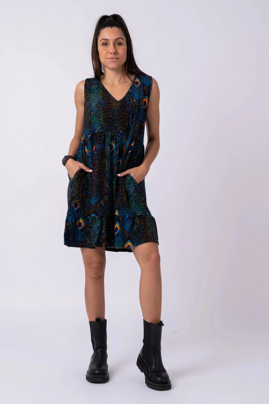 Slinky To Touch Sleeveless Baby Doll Tiered V Neck Mini Dress - Rock Around The Peacock-Activewear-Exoticathletica