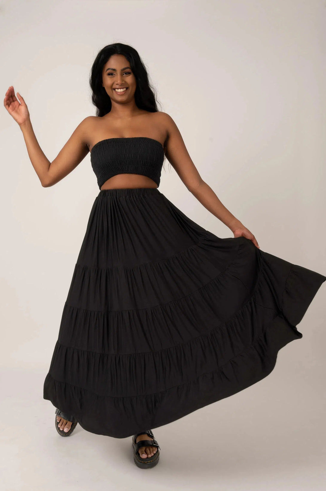 Slinky To Touch Tiered Maxi Skirt - Black-Activewear-Exoticathletica