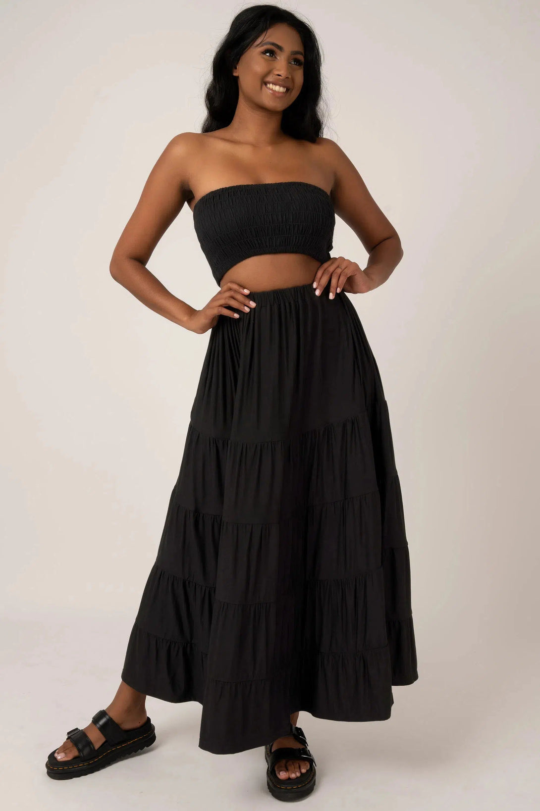 Slinky To Touch Tiered Maxi Skirt - Black-Activewear-Exoticathletica