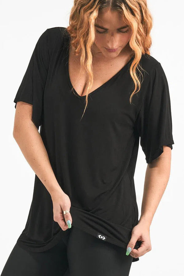 Slinky To Touch V Neck Boyfriend Tee - Black-Activewear-Exoticathletica