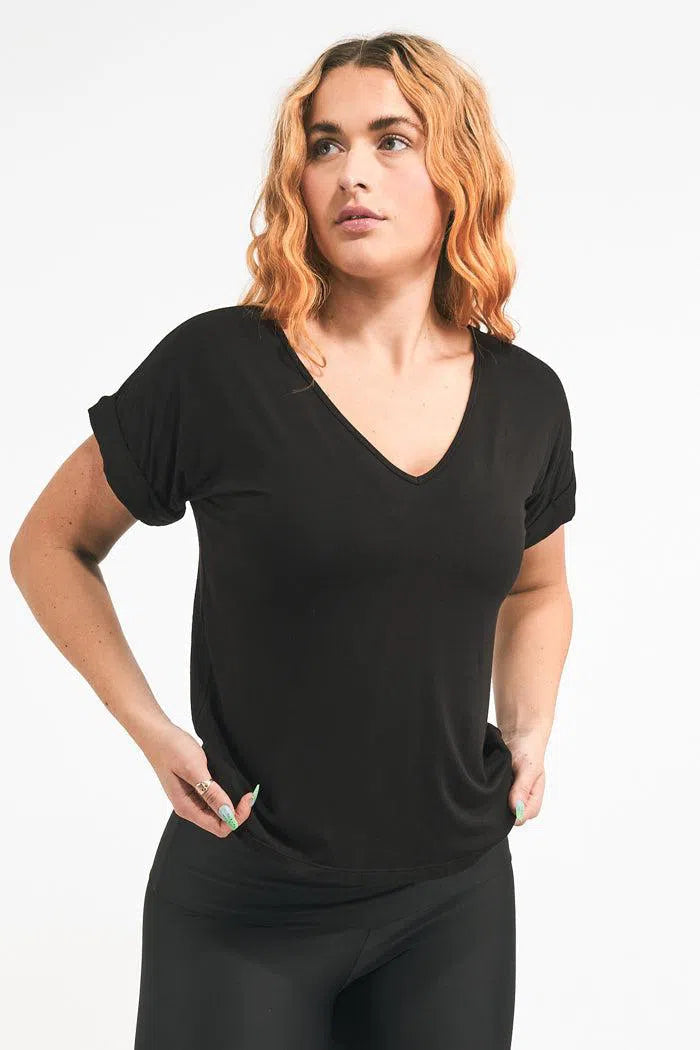 Slinky To Touch V Neck Cuffed Sleeve Tee - Black-Activewear-Exoticathletica