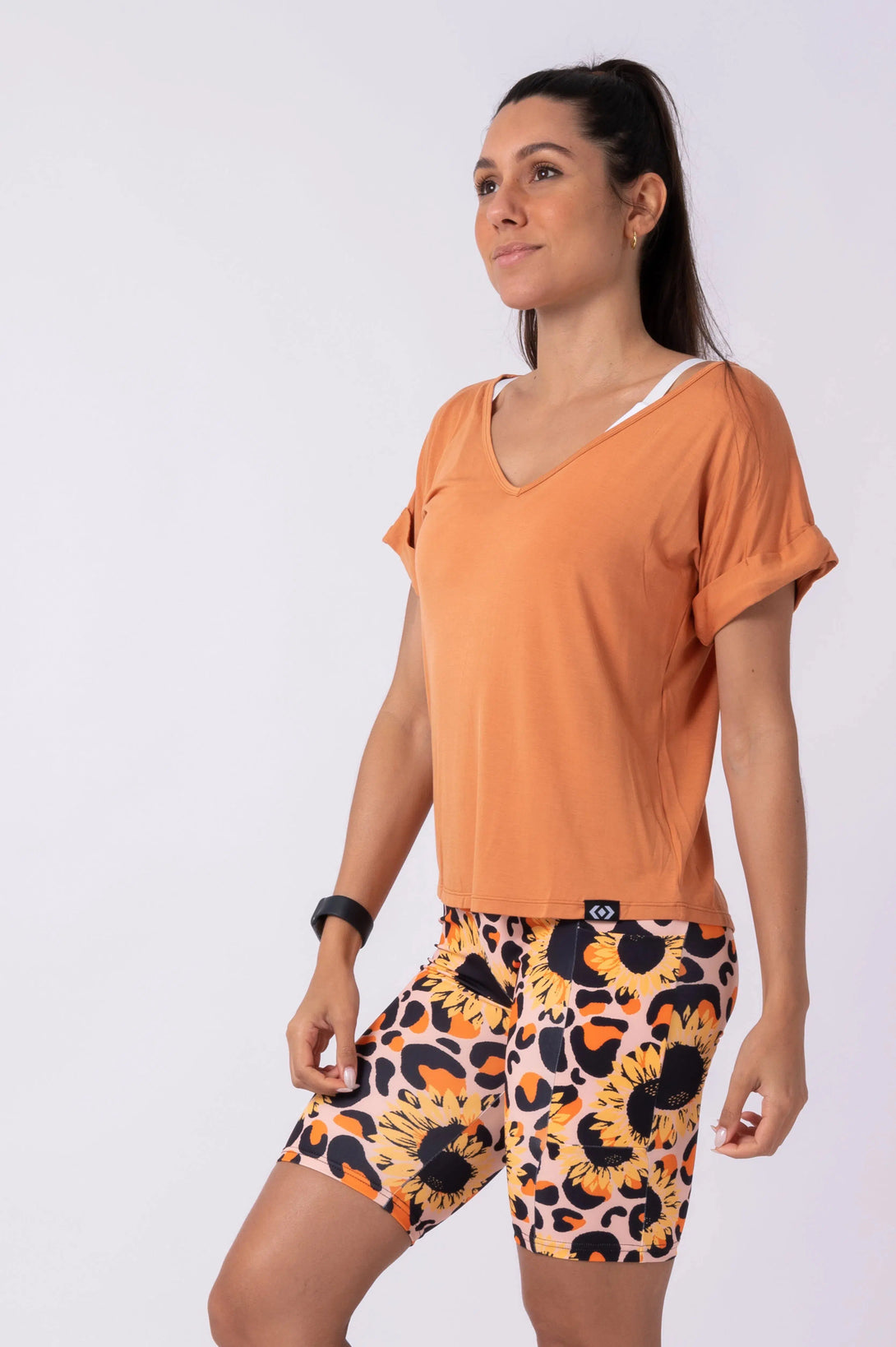 Slinky To Touch V Neck Cuffed Sleeve Tee - Caramel-Activewear-Exoticathletica