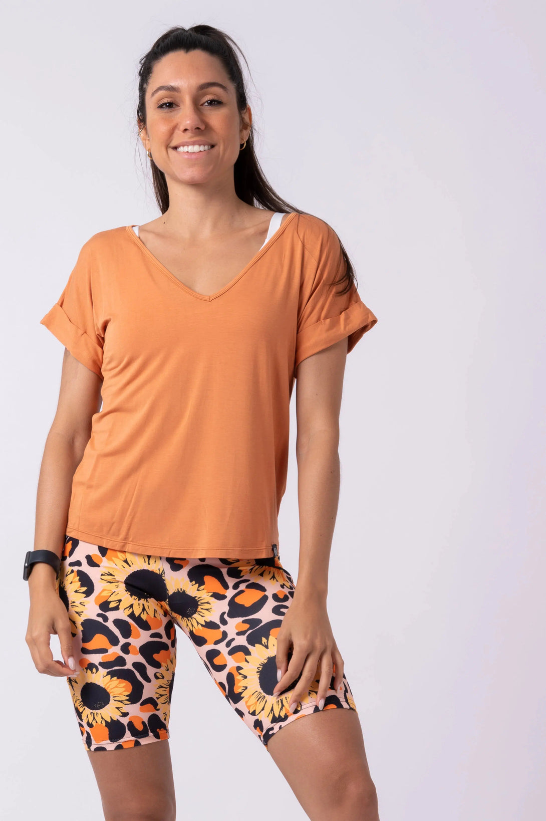 Slinky To Touch V Neck Cuffed Sleeve Tee - Caramel-Activewear-Exoticathletica