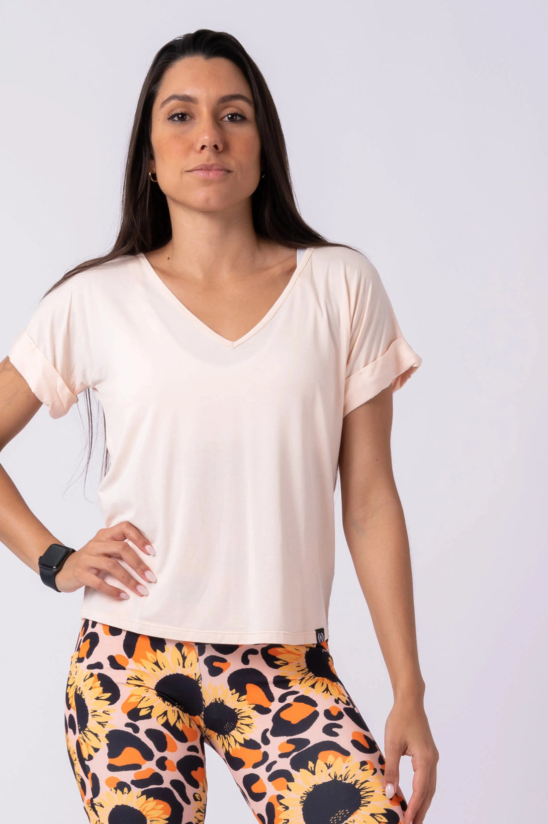 Slinky To Touch V Neck Cuffed Sleeve Tee - Light Oatmeal-Activewear-Exoticathletica