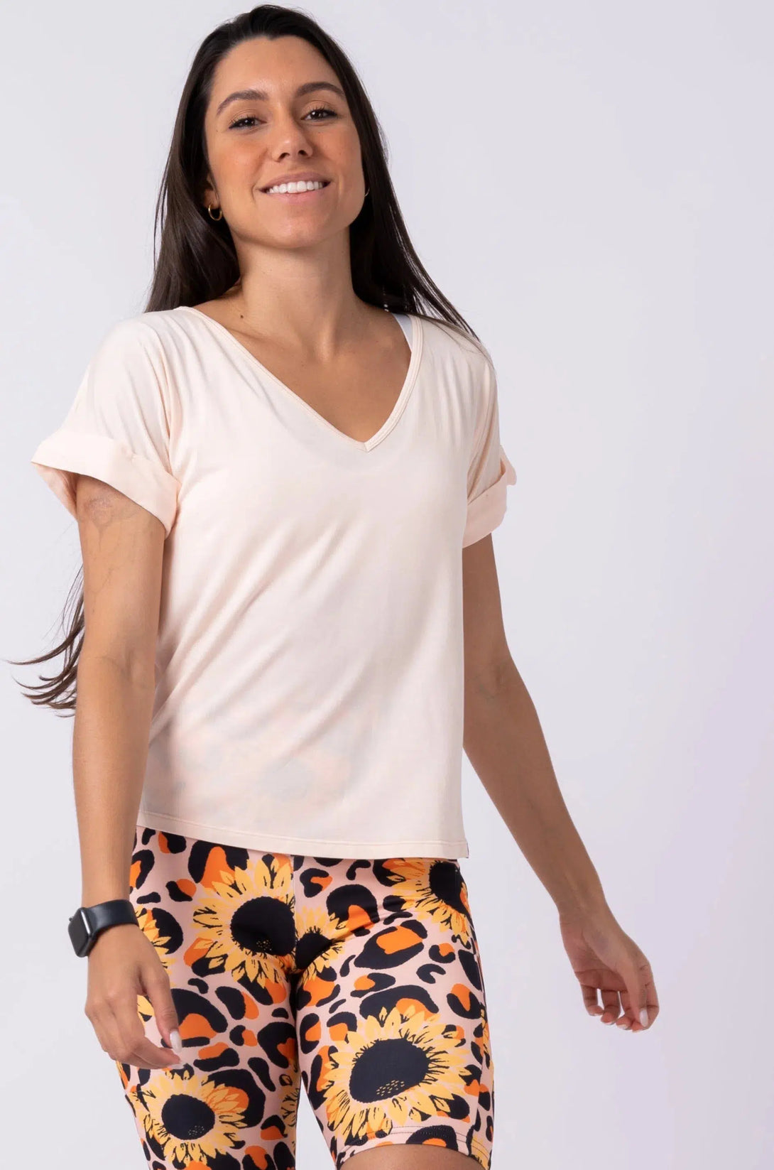 Slinky To Touch V Neck Cuffed Sleeve Tee - Light Oatmeal-Activewear-Exoticathletica