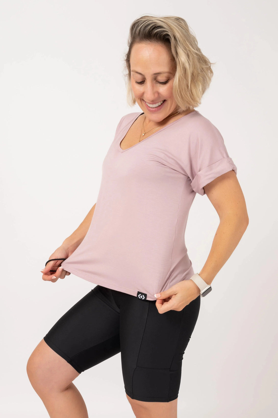 Slinky To Touch V Neck Cuffed Sleeve Tee - Pale Mauve-Activewear-Exoticathletica