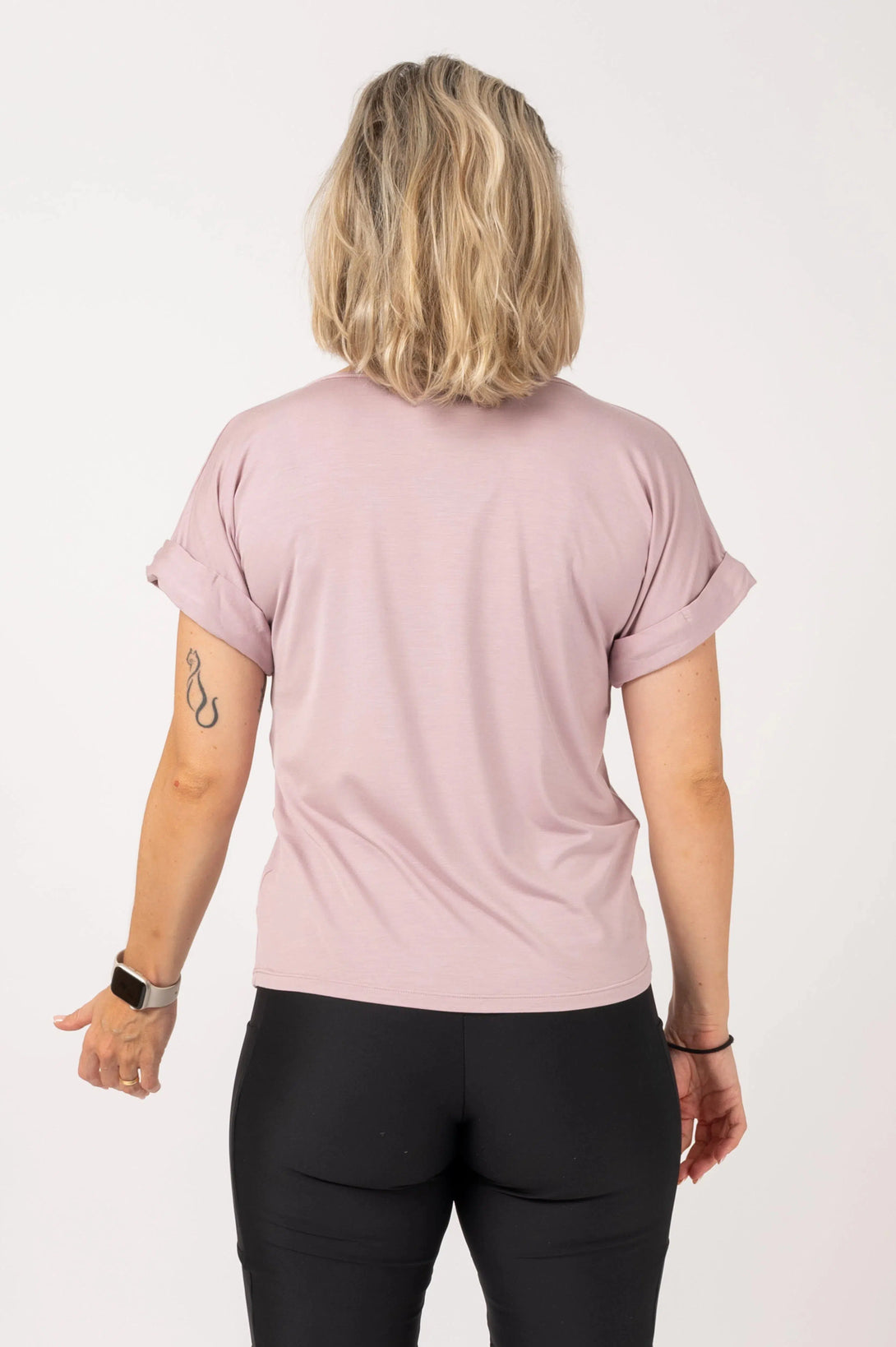 Slinky To Touch V Neck Cuffed Sleeve Tee - Pale Mauve-Activewear-Exoticathletica