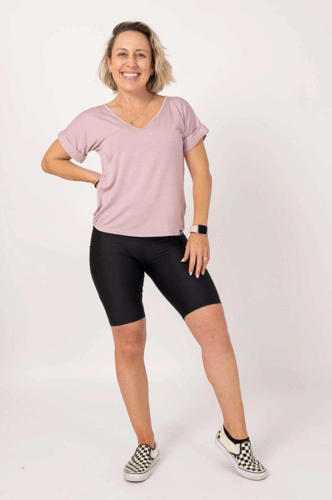 Slinky To Touch V Neck Cuffed Sleeve Tee - Pale Mauve-Activewear-Exoticathletica