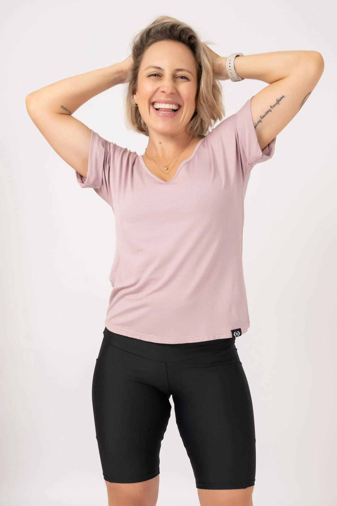 Slinky To Touch V Neck Cuffed Sleeve Tee - Pale Mauve-Activewear-Exoticathletica