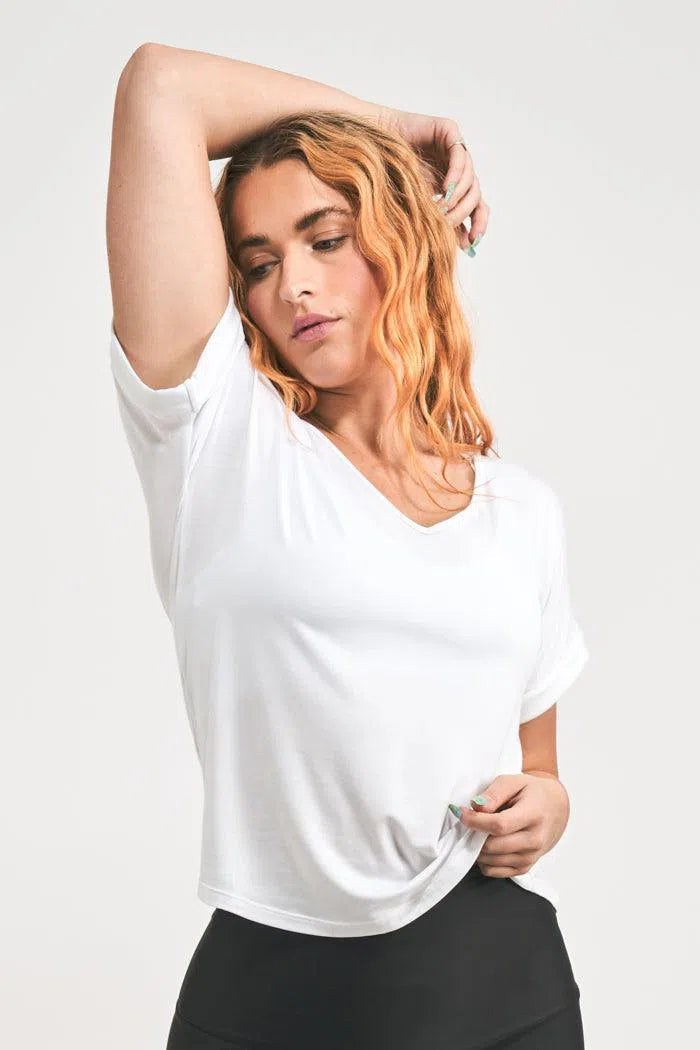 Slinky To Touch V Neck Cuffed Sleeve Tee - White-Activewear-Exoticathletica