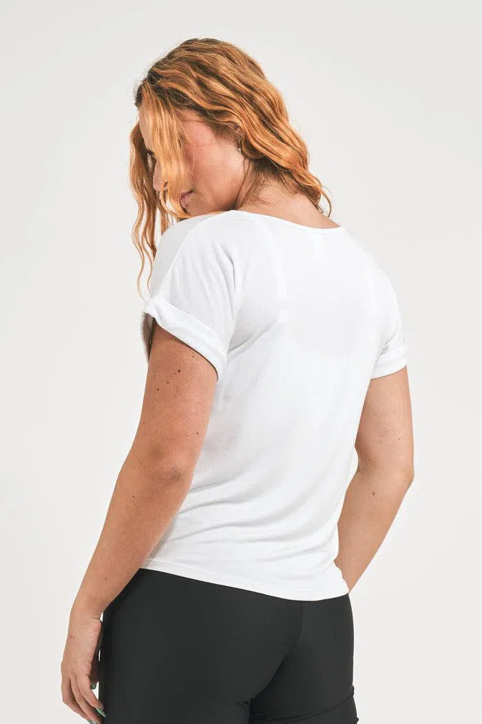 Slinky To Touch V Neck Cuffed Sleeve Tee - White-Activewear-Exoticathletica