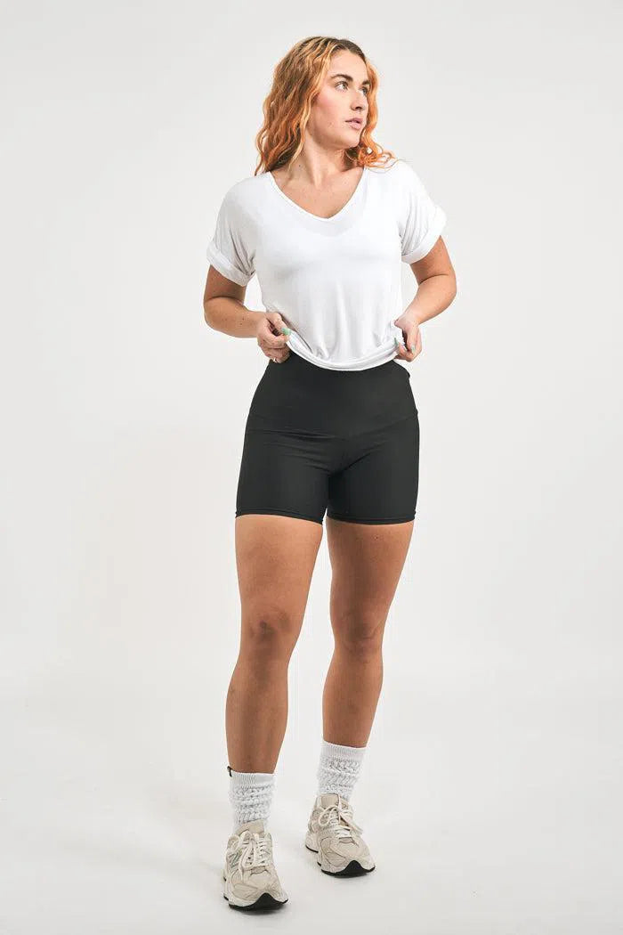 Slinky To Touch V Neck Cuffed Sleeve Tee - White-Activewear-Exoticathletica