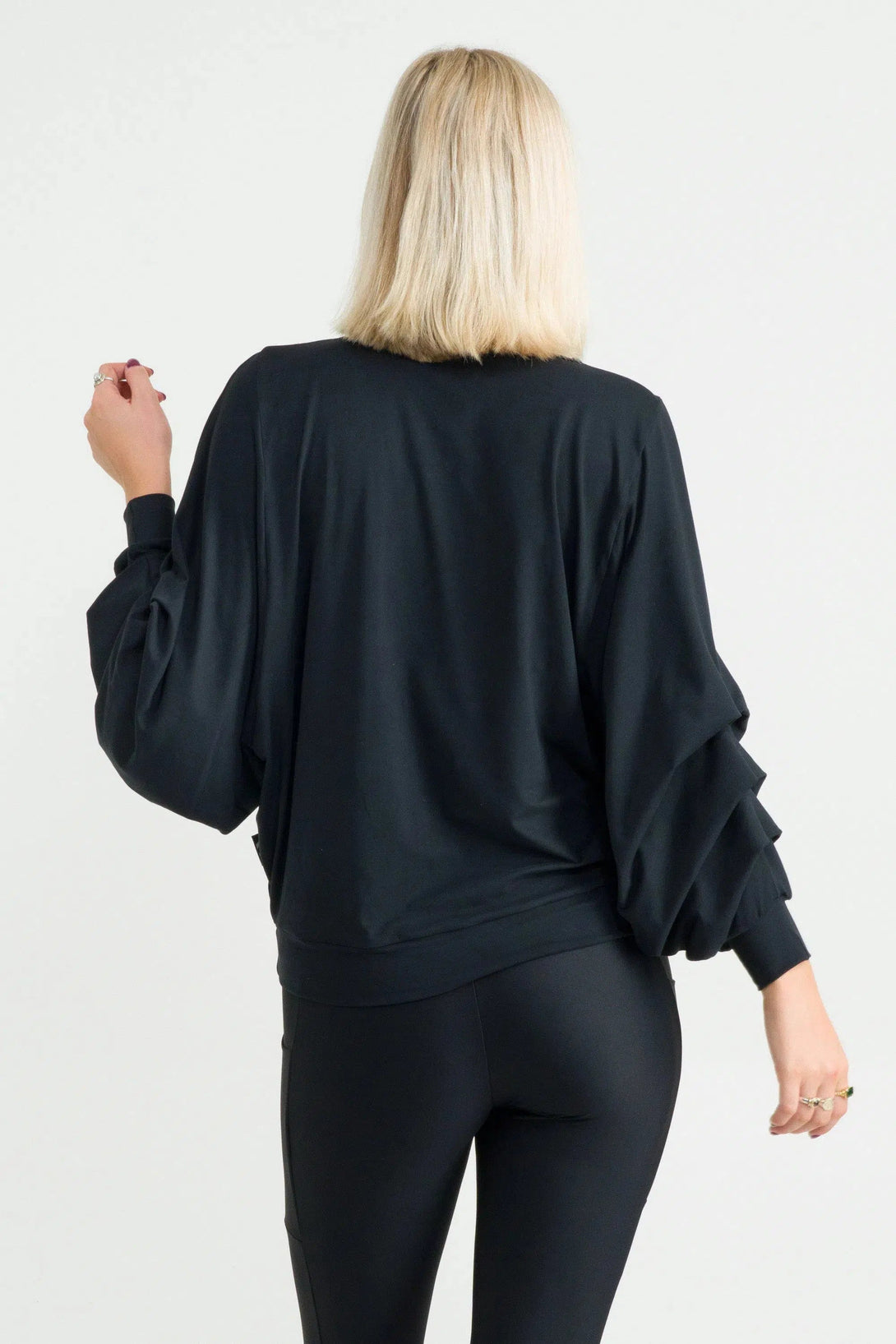 Soft To Touch Batwing Cinched Sleeve Sweater - Black-Activewear-Exoticathletica