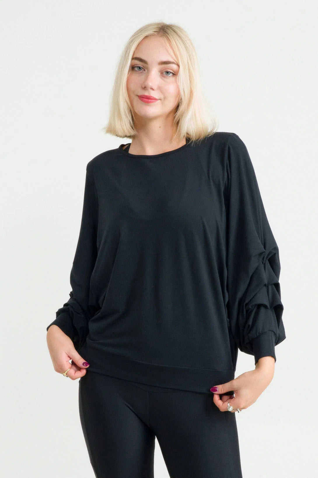 Soft To Touch Batwing Cinched Sleeve Sweater - Black-Activewear-Exoticathletica