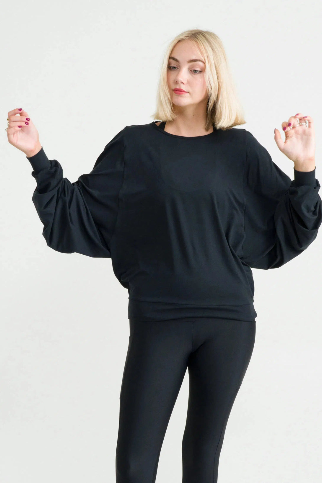 Soft To Touch Batwing Cinched Sleeve Sweater - Black-Activewear-Exoticathletica