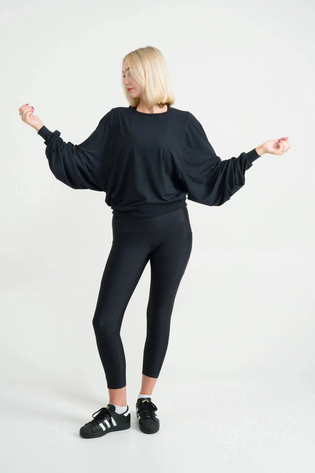 Soft To Touch Batwing Cinched Sleeve Sweater - Black-Activewear-Exoticathletica