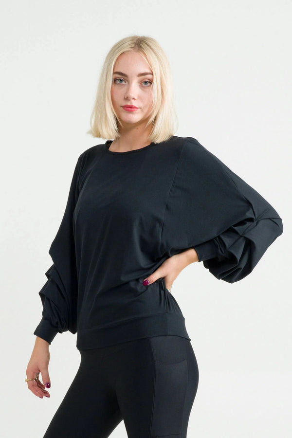 Soft To Touch Batwing Cinched Sleeve Sweater - Black-Activewear-Exoticathletica