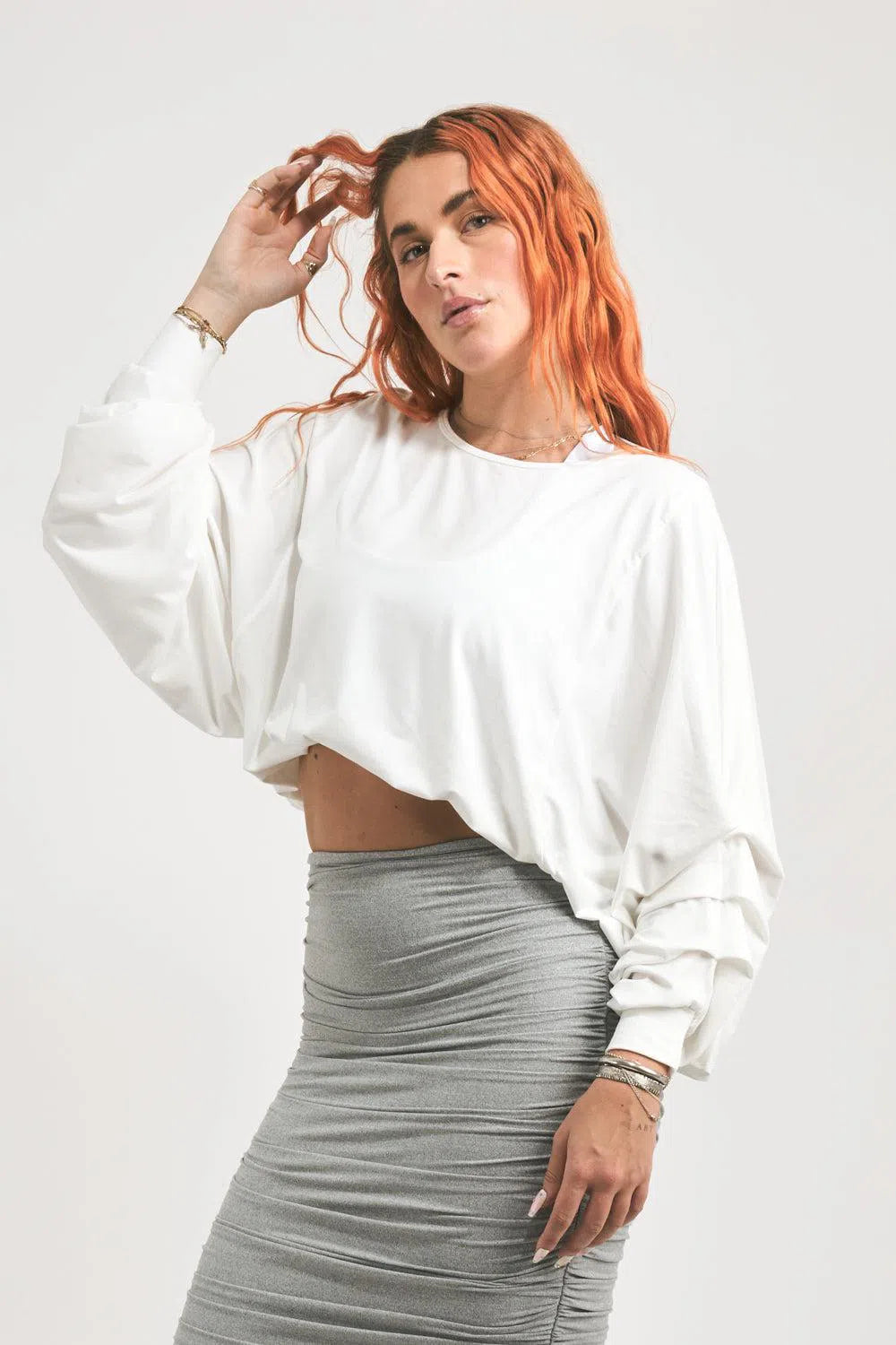 Soft To Touch Batwing Cinched Sleeve Sweater - White-Activewear-Exoticathletica