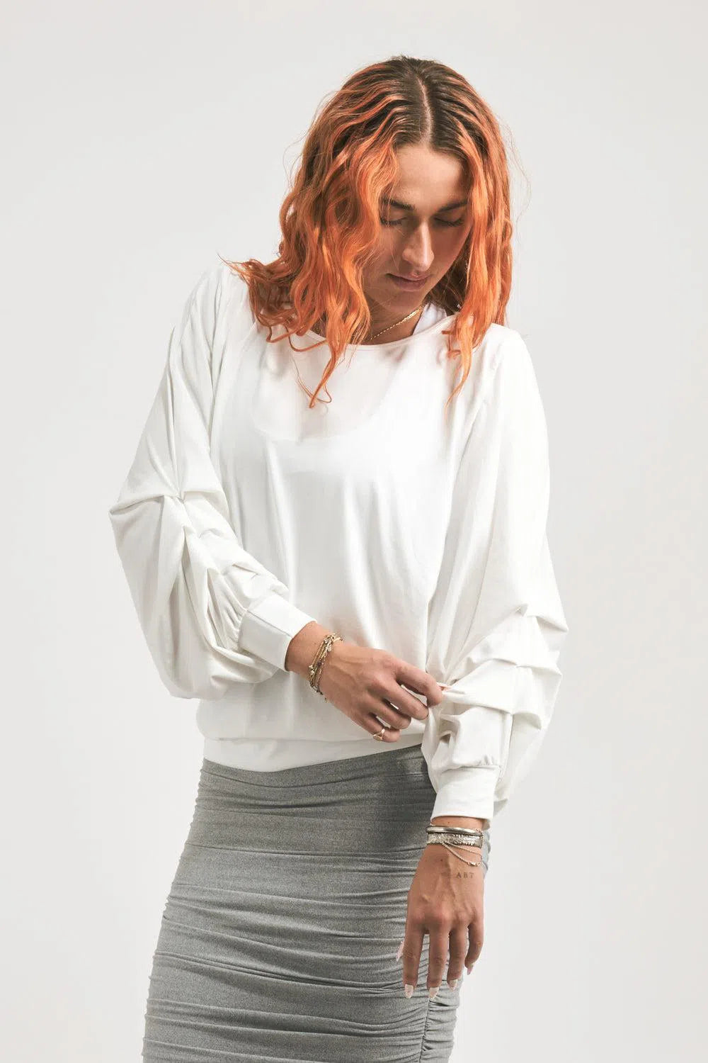 Soft To Touch Batwing Cinched Sleeve Sweater - White-Activewear-Exoticathletica