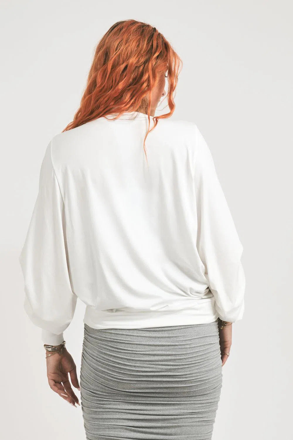 Soft To Touch Batwing Cinched Sleeve Sweater - White-Activewear-Exoticathletica