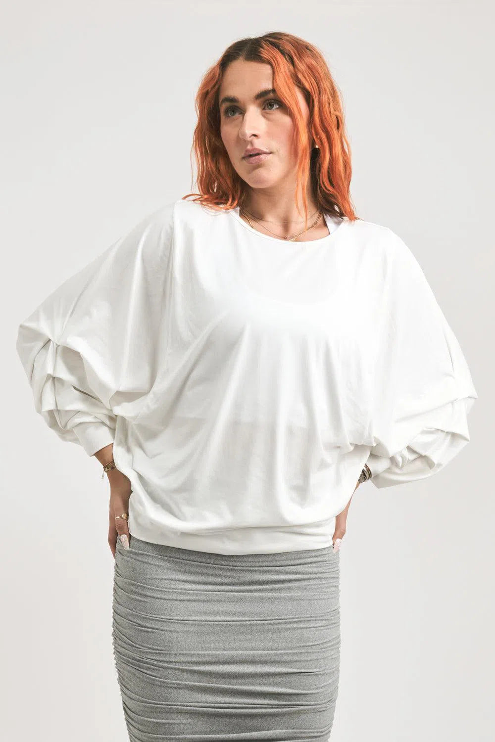 Soft To Touch Batwing Cinched Sleeve Sweater - White-Activewear-Exoticathletica