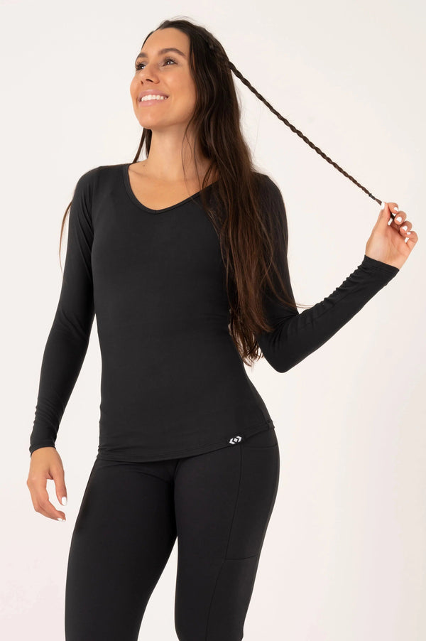 Soft To Touch Fitted Long Sleeve V Neck Tee - Black-Activewear-Exoticathletica