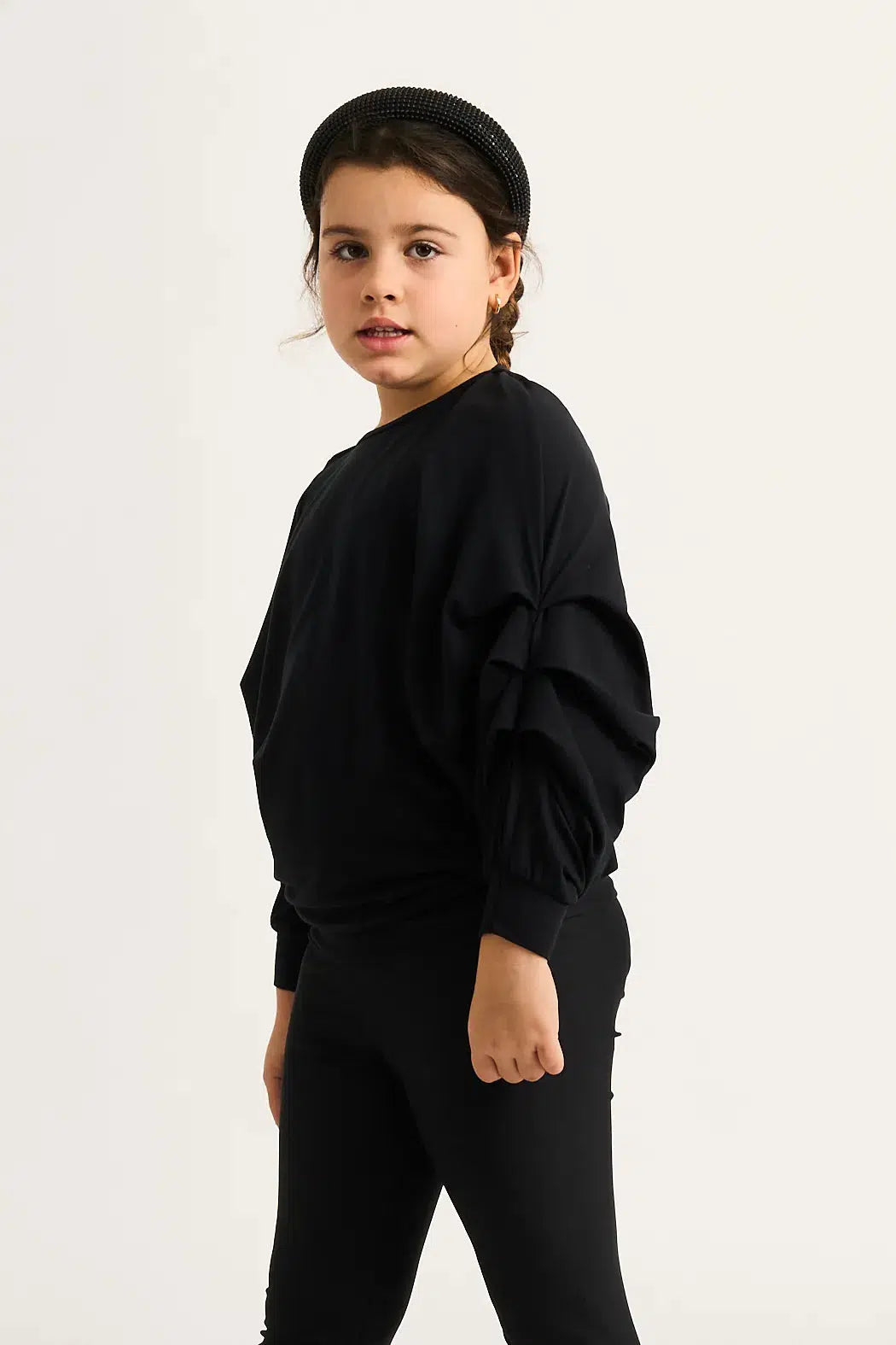 Soft To Touch Kids Batwing Cinched Sleeve Sweater - Black-Activewear-Exoticathletica