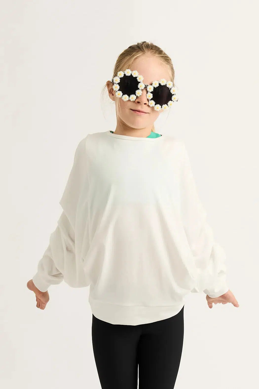 Soft To Touch Kids Batwing Cinched Sleeve Sweater - White-Activewear-Exoticathletica