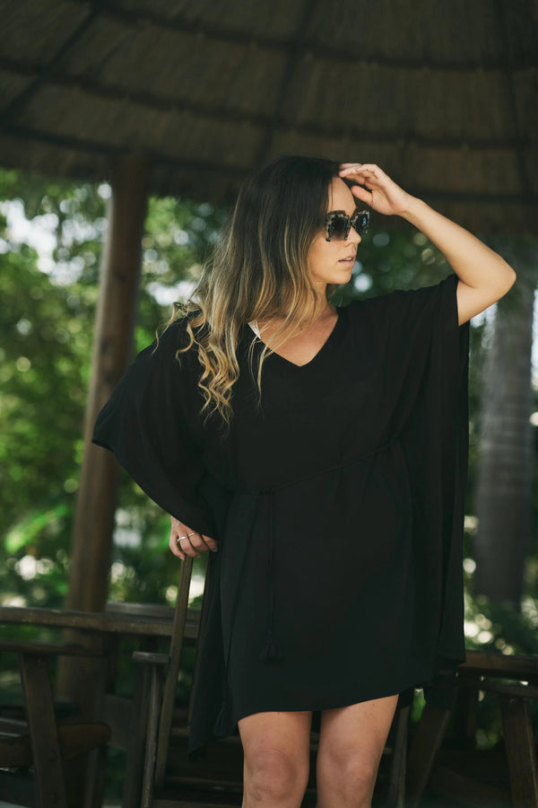 Sustainable Viscose Adjustable Tie Waist Kaftan - Black-9358328371649-Activewear-Exoticathletica