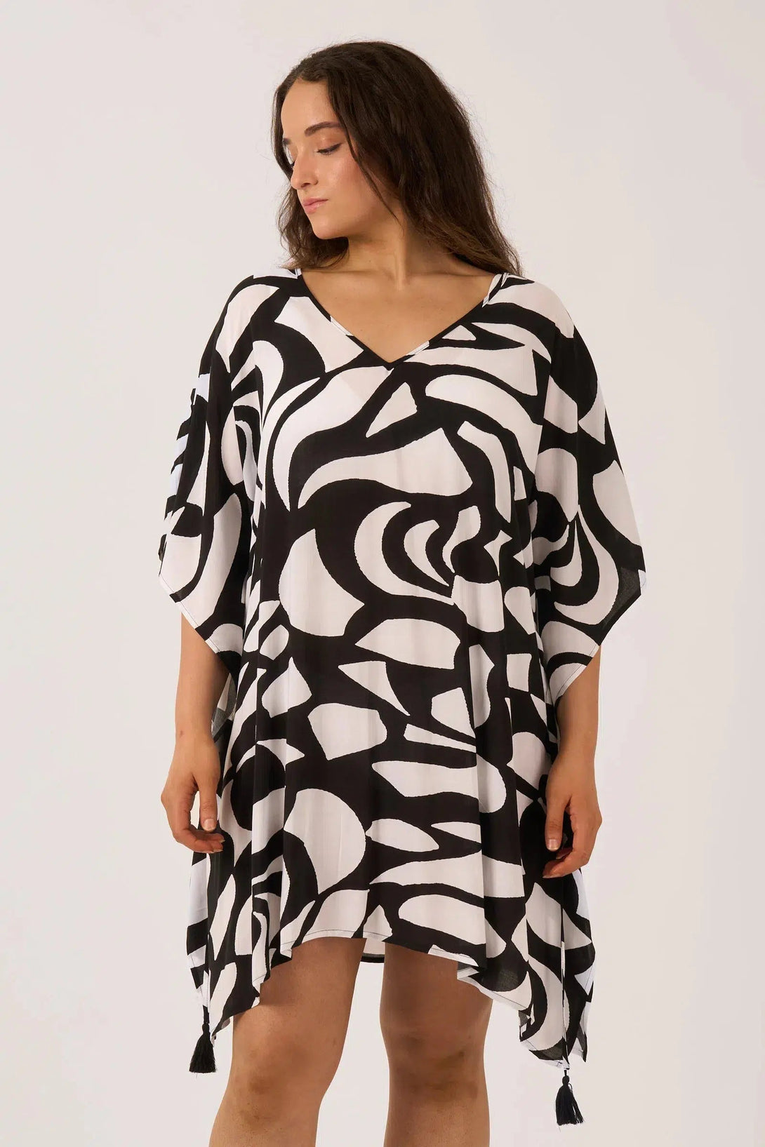 Sustainable Viscose Adjustable Tie Waist Kaftan - Black Geo Waves-Activewear-Exoticathletica