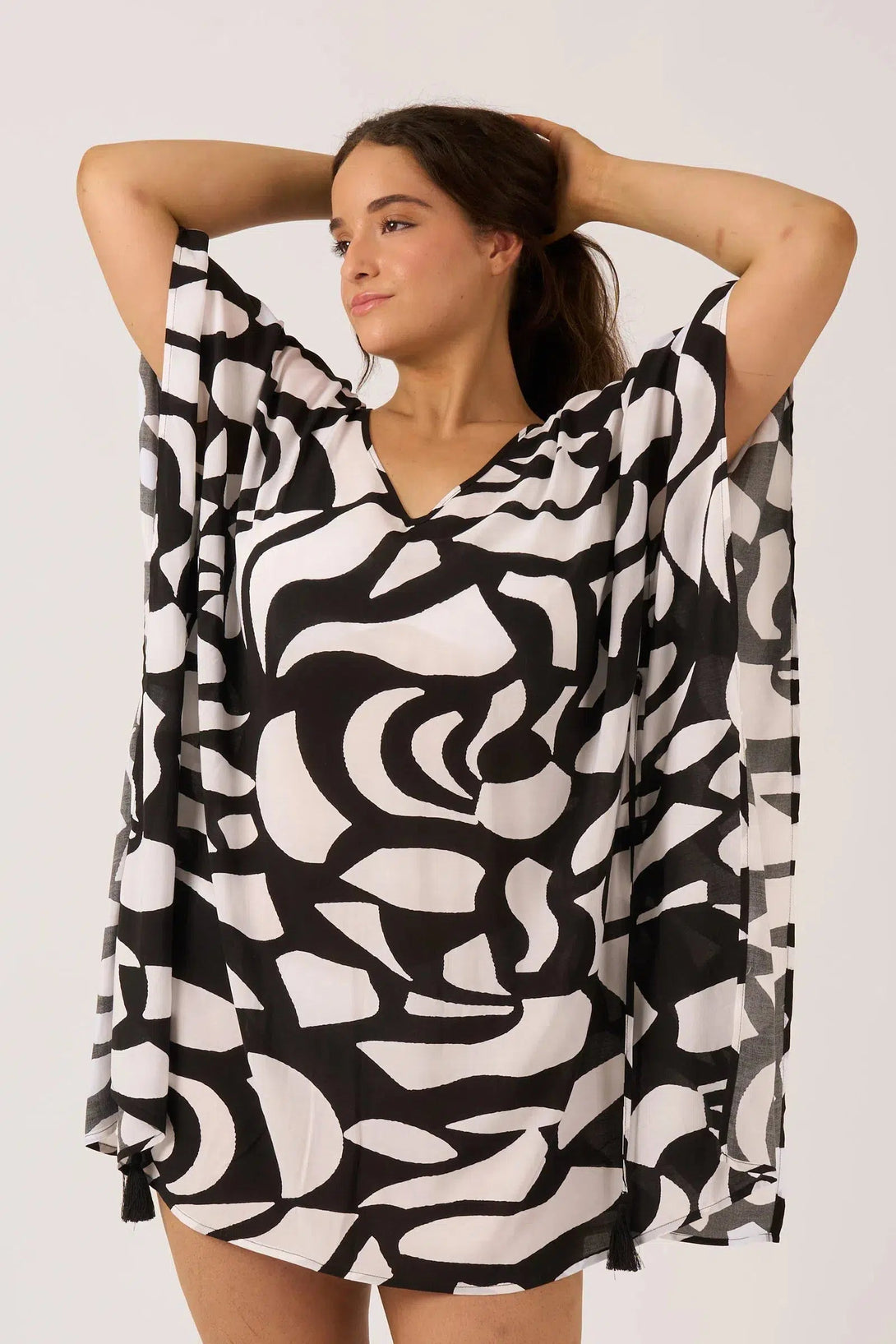 Sustainable Viscose Adjustable Tie Waist Kaftan - Black Geo Waves-Activewear-Exoticathletica