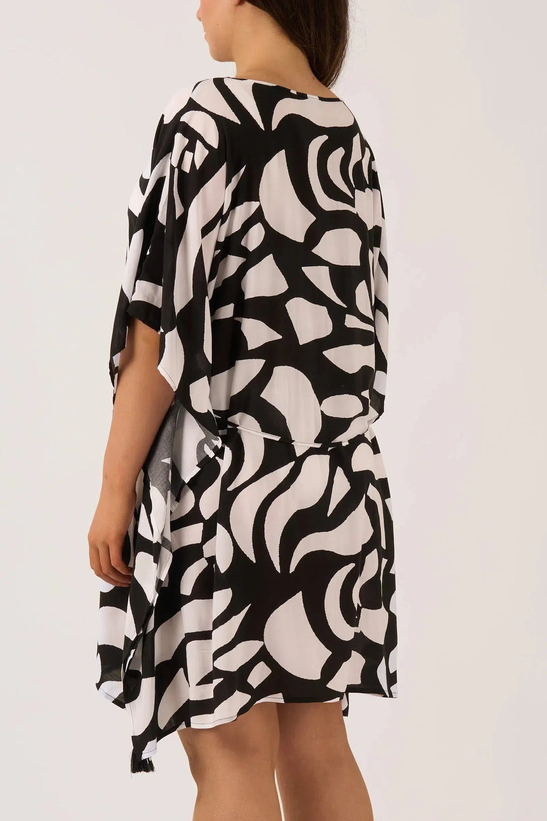 Sustainable Viscose Adjustable Tie Waist Kaftan - Black Geo Waves-Activewear-Exoticathletica