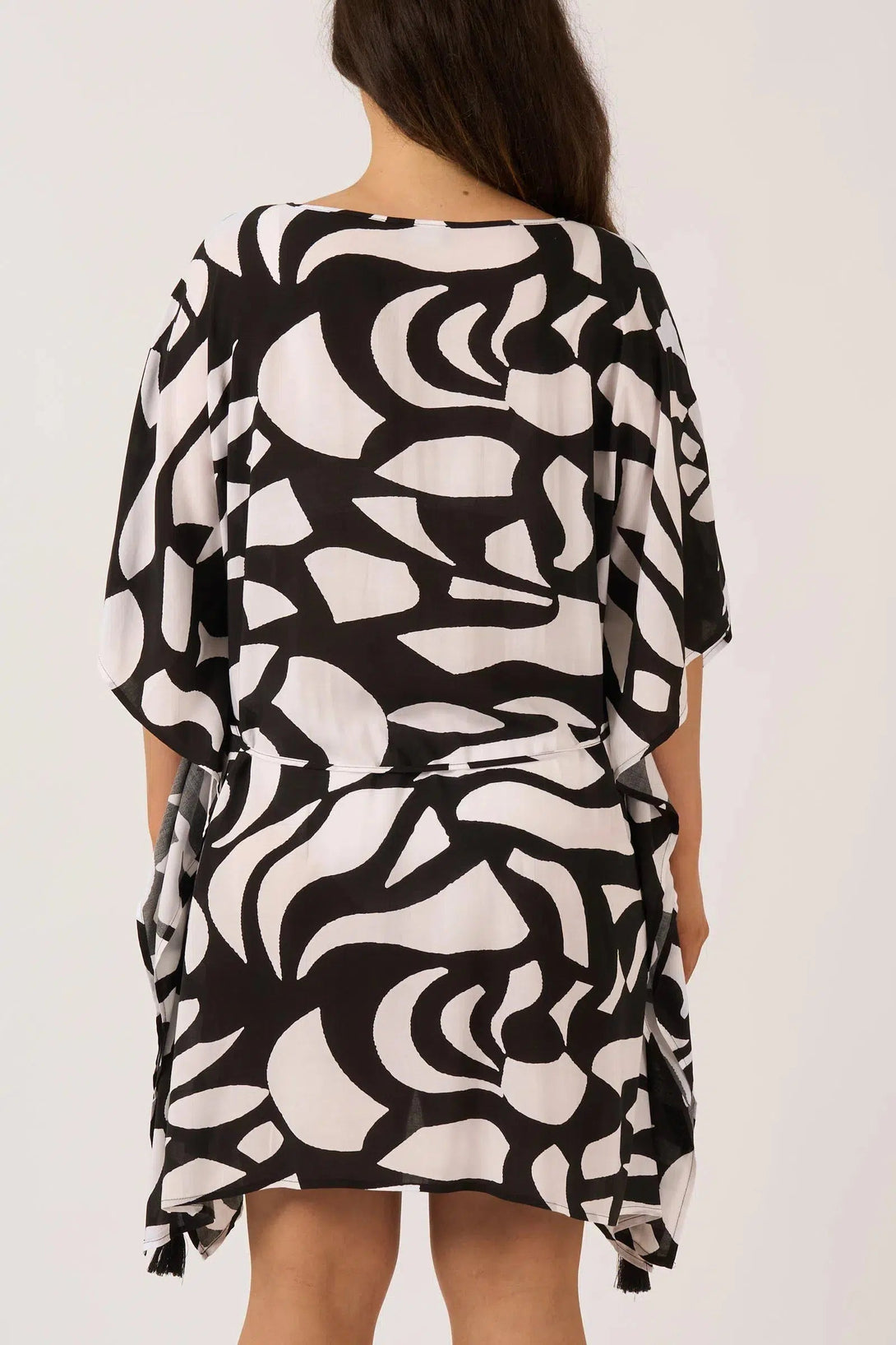 Sustainable Viscose Adjustable Tie Waist Kaftan - Black Geo Waves-Activewear-Exoticathletica