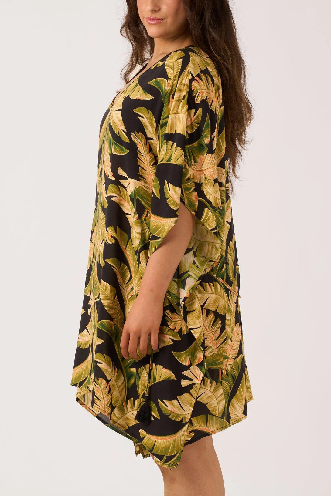 Sustainable Viscose Adjustable Tie Waist Kaftan - Black Tropical Leaf-Activewear-Exoticathletica