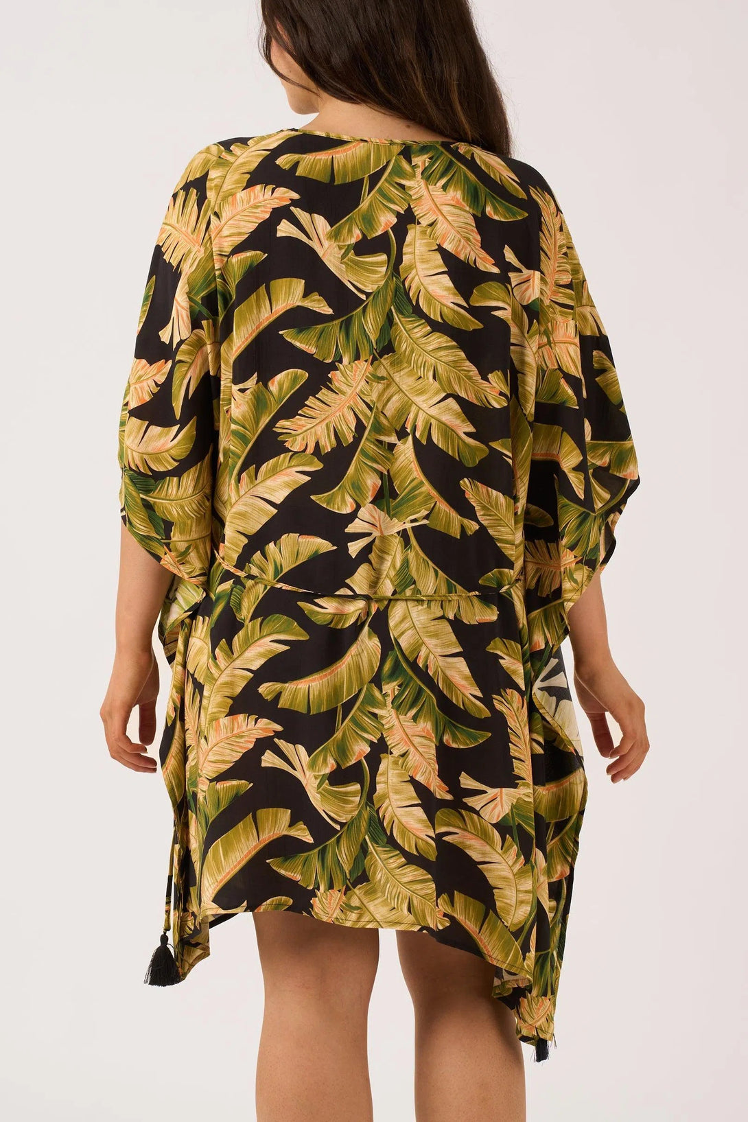 Sustainable Viscose Adjustable Tie Waist Kaftan - Black Tropical Leaf-Activewear-Exoticathletica